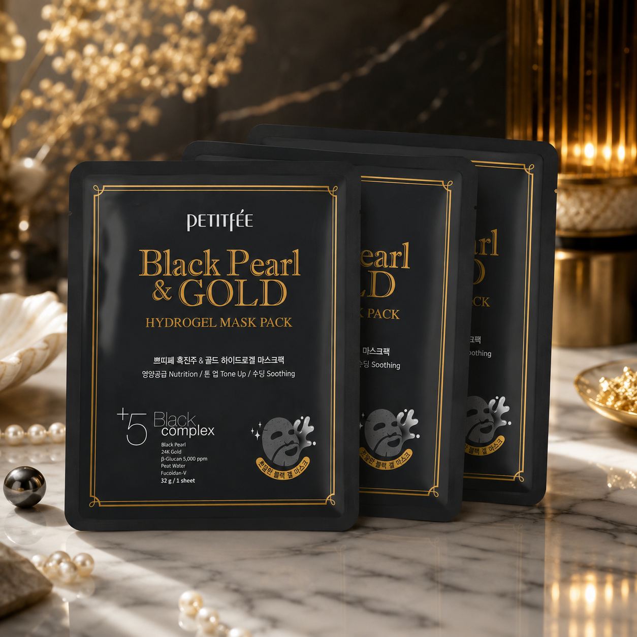 Petitfee BLACK PEARL & GOLD Hydrogel Face Mask x 3 pcs
